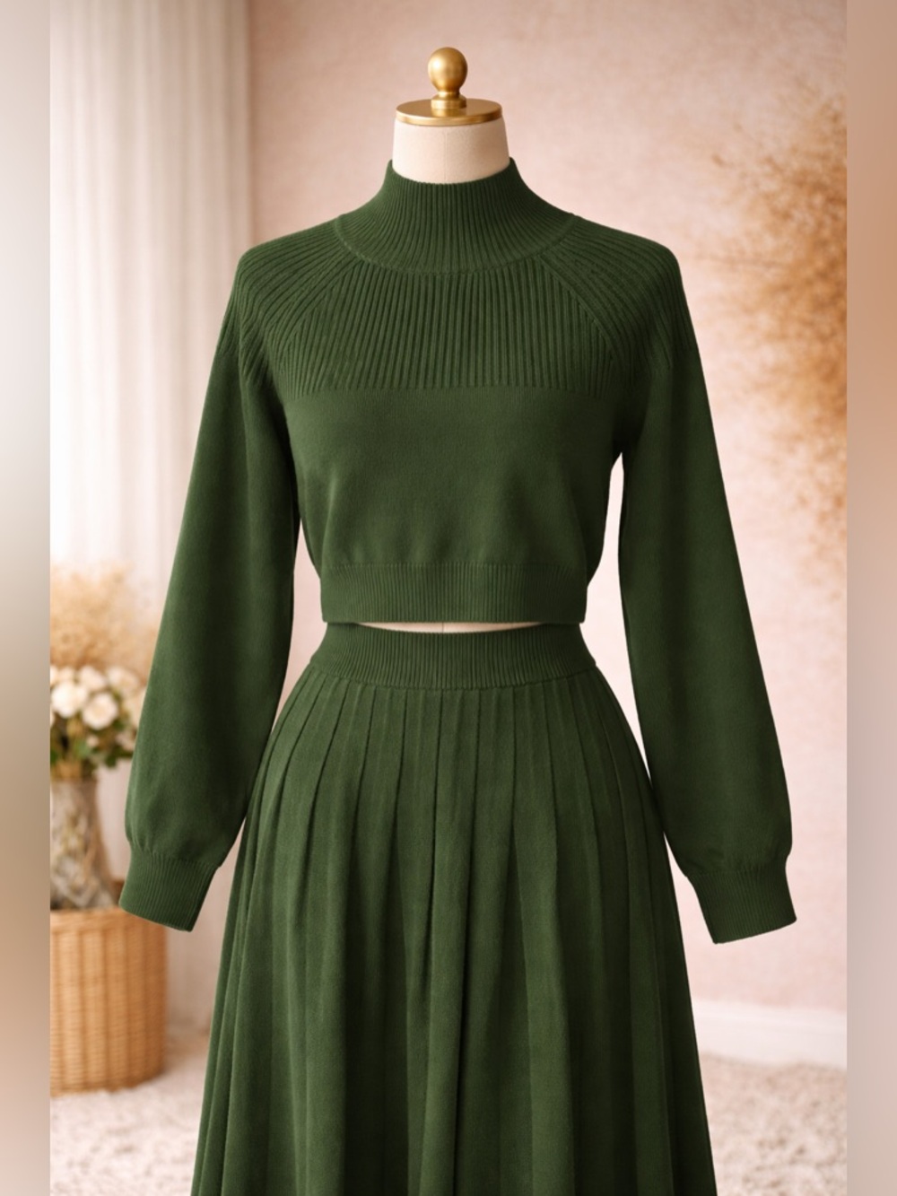 Two-Piece Knit Sweater Set in Forest Green